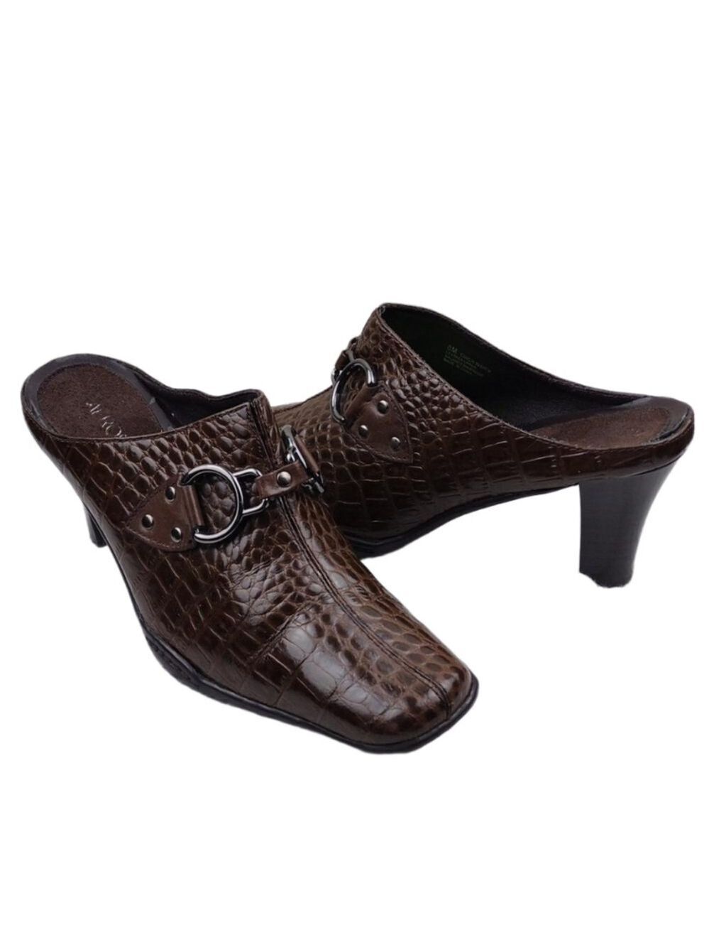 Aerosoles Cinch Worm Brown Leather Alligator Upper Square Toe Heeled Mule Shoe